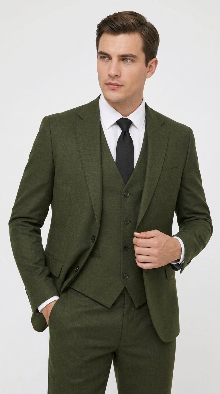 Mens Military Green 3-Piece Suit – Slim Fit Wedding, Business & Formal Suit with Vested Set - 34 Short or Extra Small