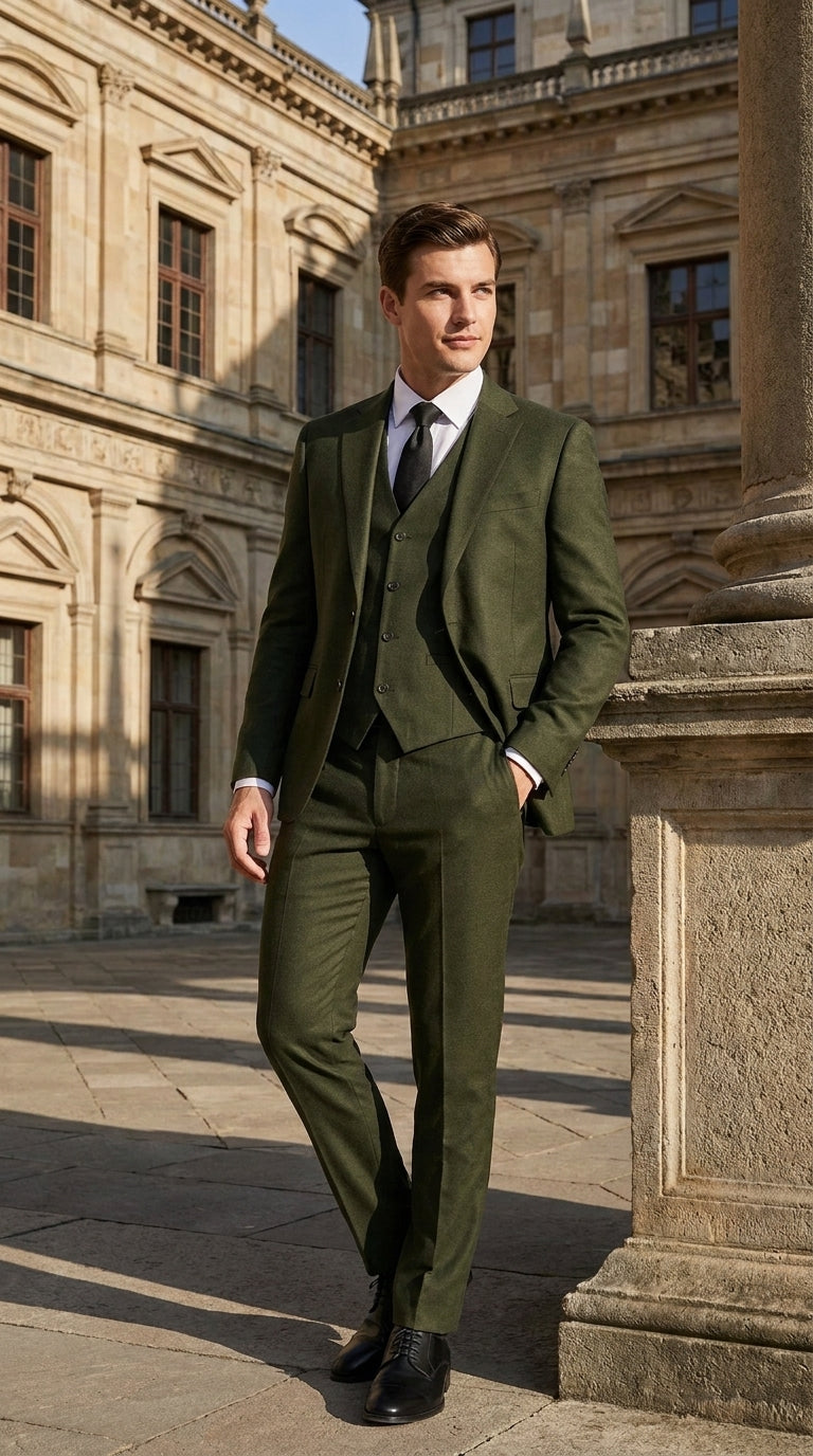 Mens Military Green 3-Piece Suit – Slim Fit Wedding, Business & Formal Suit with Vested Set - 34 Short or Extra Small