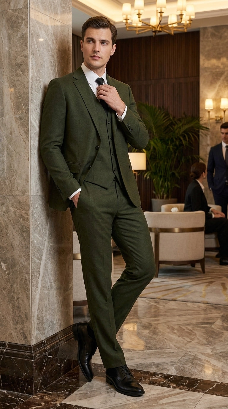 Mens Military Green 3-Piece Suit – Slim Fit Wedding, Business & Formal Suit with Vested Set - 34 Short or Extra Small