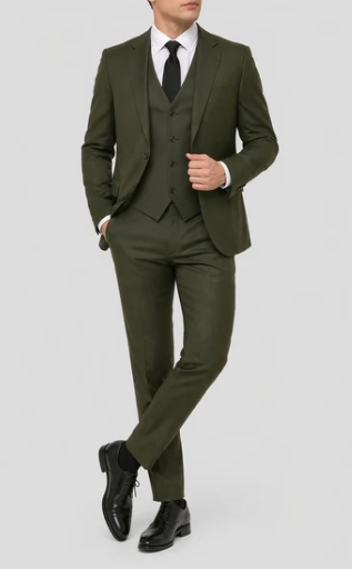 Mens Military Green 3-Piece Suit – Slim Fit Wedding, Business & Formal Suit with Vested Set - 34 Short or Extra Small