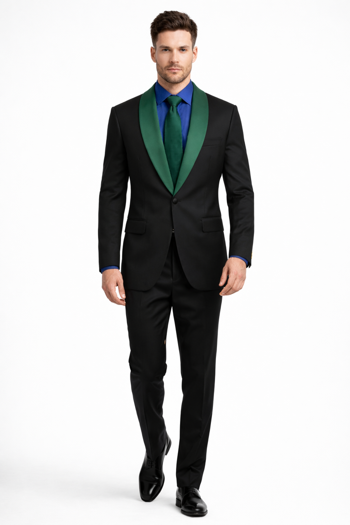 Black and Hunter Green Lapel Tuxedo Vested Shawl Collar Wedding Prom Suit