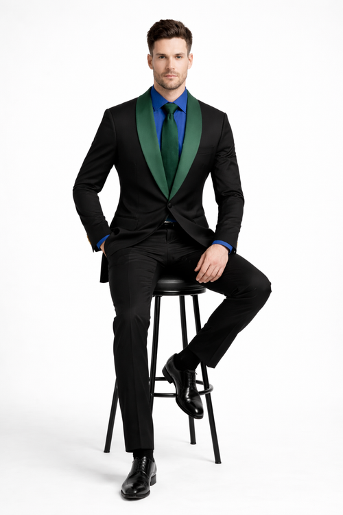 Black and Hunter Green Lapel Tuxedo Vested Shawl Collar Wedding Prom Suit