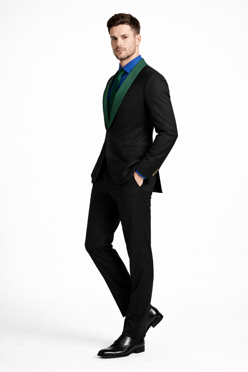 Black and Hunter Green Lapel Tuxedo Vested Shawl Collar Wedding Prom Suit