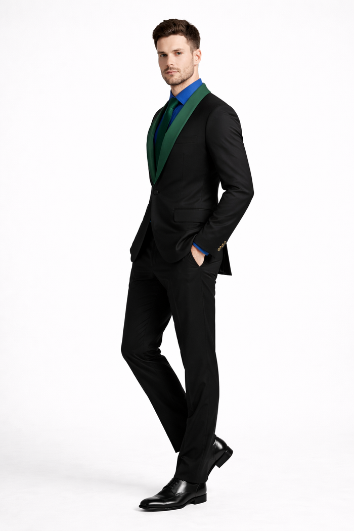 Black and Hunter Green Lapel Tuxedo Vested Shawl Collar Wedding Prom Suit