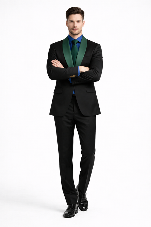 Black and Hunter Green Lapel Tuxedo Vested Shawl Collar Wedding Prom Suit