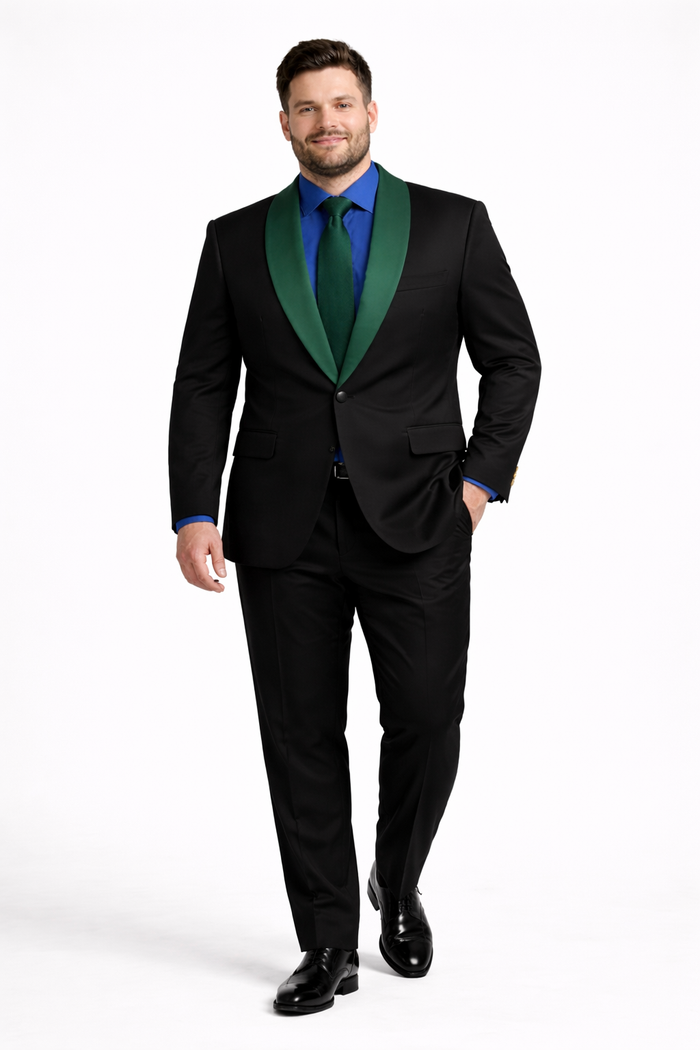 Black and Hunter Green Lapel Tuxedo Vested Shawl Collar Wedding Prom Suit
