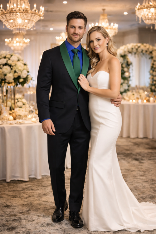 Black and Hunter Green Lapel Tuxedo Vested Shawl Collar Wedding Prom Suit