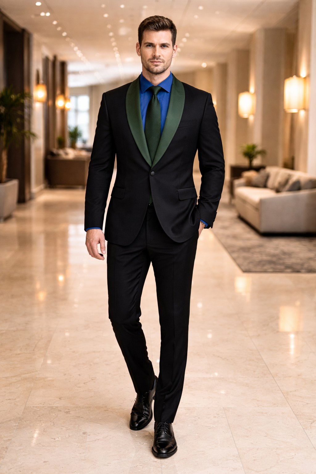 Black and Hunter Green Lapel Tuxedo Vested Shawl Collar Wedding Prom Suit