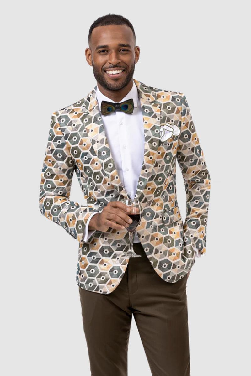 "Men's Modern One-Button Hex Blazer: EJ Samuel in Olive and Beige" - Olive
