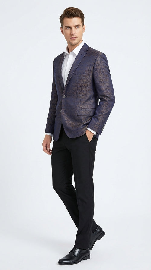 Mens Navy Blue Plum Burgundy and Gold Jacquard Blazer Elegant Two Button Formal Dinner Jacket Sport Coat Paisley Floral