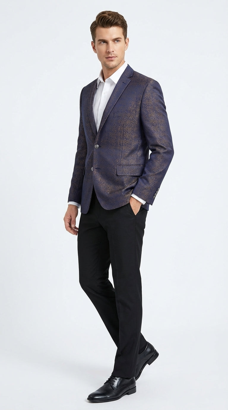 Men’s Navy Blue Plum Burgundy and Gold Jacquard Blazer – Elegant Two Button Formal Dinner Jacket Sport Coat Paisley Floral - 38 Short Jacket+32 Waist Adjustable 28to34)(Height: 5 4 to5 7 )(Neck  15-16.5)S-M)