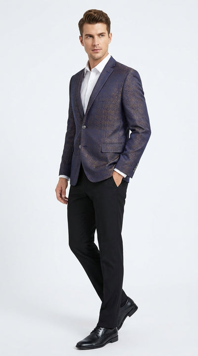 Mens Navy Blue Plum Burgundy and Gold Jacquard Blazer Elegant Two Button Formal Dinner Jacket Sport Coat Paisley Floral