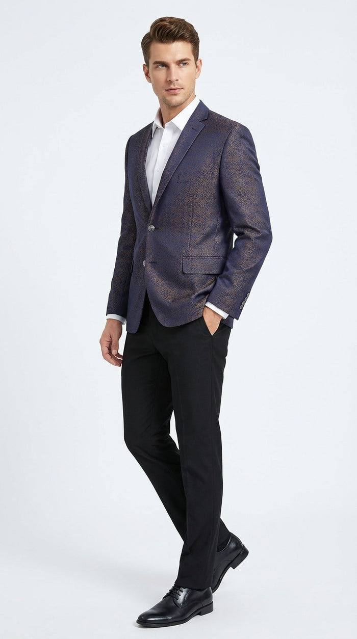 Mens Navy Blue Plum Burgundy and Gold Jacquard Blazer Elegant Two Button Formal Dinner Jacket Sport Coat Paisley Floral