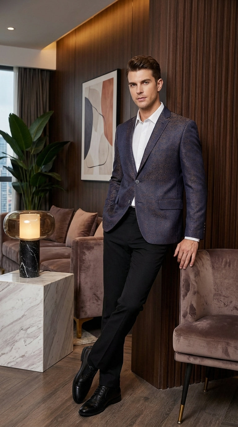 Men’s Navy Blue Plum Burgundy and Gold Jacquard Blazer – Elegant Two Button Formal Dinner Jacket Sport Coat Paisley Floral - 38 Short Jacket+32 Waist Adjustable 28to34)(Height: 5 4 to5 7 )(Neck  15-16.5)S-M)