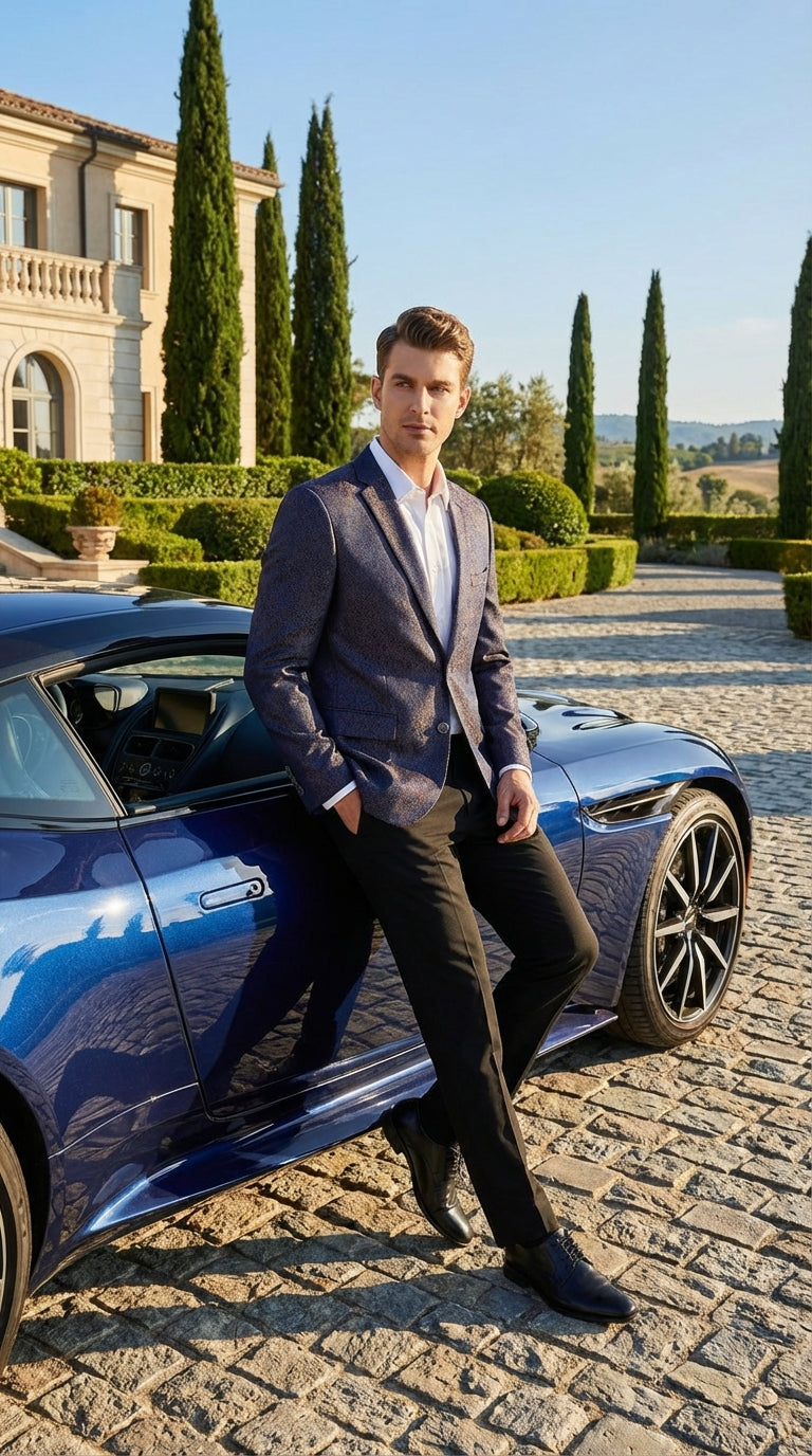 Men’s Navy Blue Plum Burgundy and Gold Jacquard Blazer – Elegant Two Button Formal Dinner Jacket Sport Coat Paisley Floral - 38 Short Jacket+32 Waist Adjustable 28to34)(Height: 5 4 to5 7 )(Neck  15-16.5)S-M)