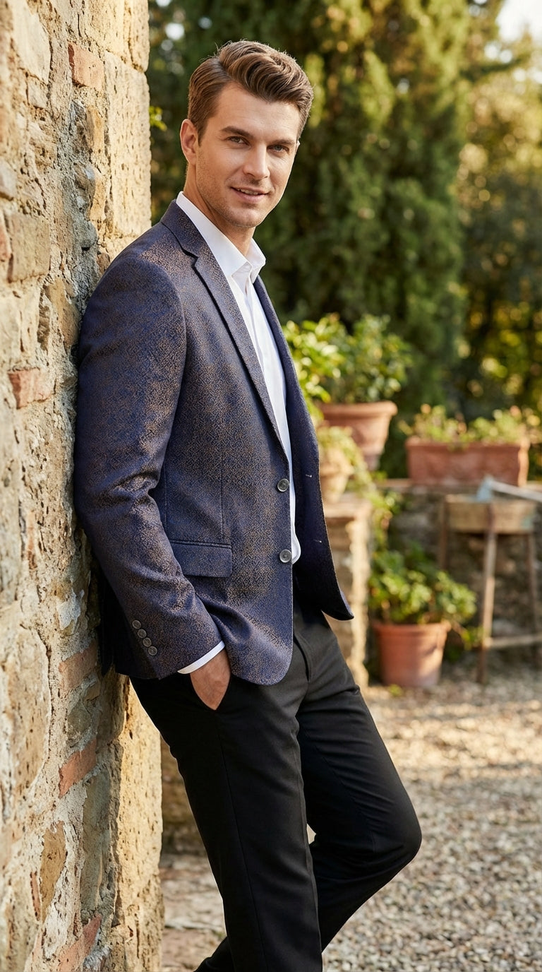 Men’s Navy Blue Plum Burgundy and Gold Jacquard Blazer – Elegant Two Button Formal Dinner Jacket Sport Coat Paisley Floral - 38 Short Jacket+32 Waist Adjustable 28to34)(Height: 5 4 to5 7 )(Neck  15-16.5)S-M)