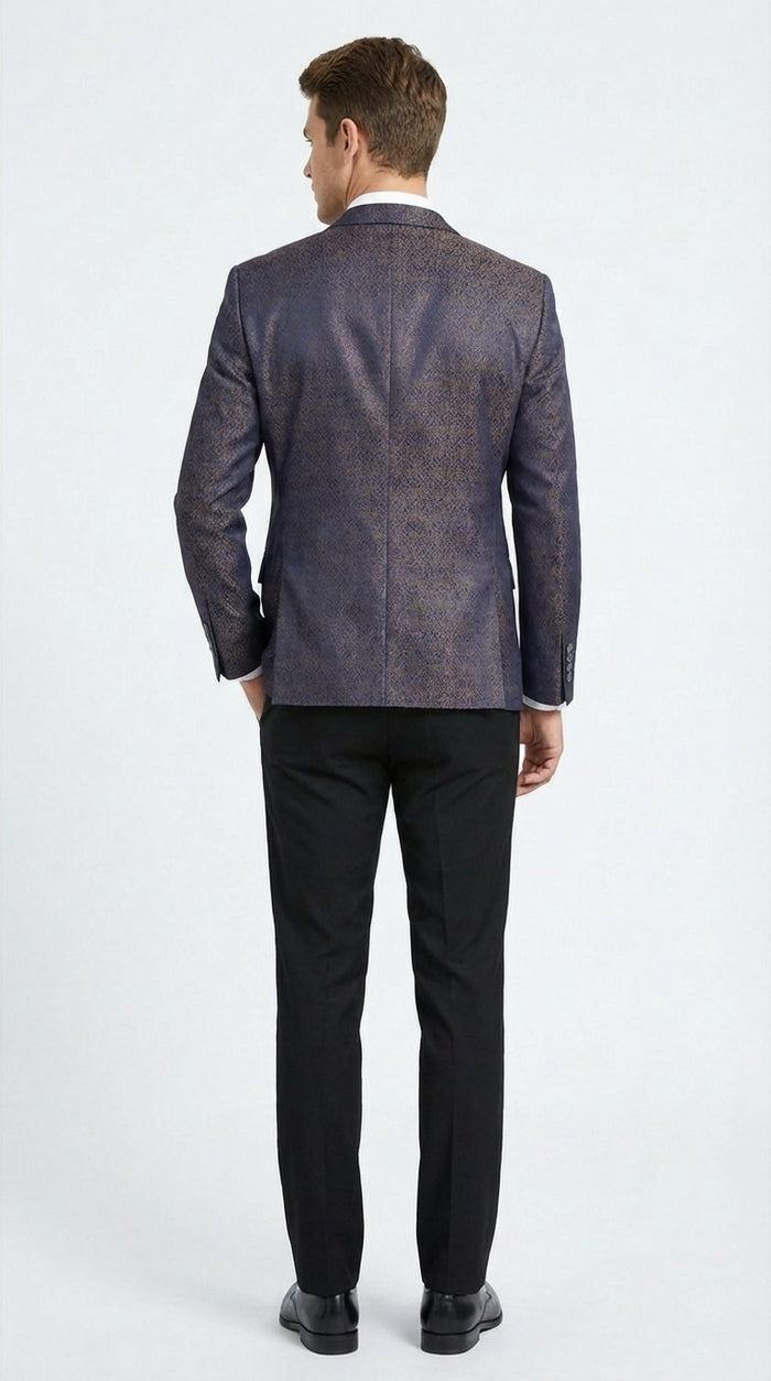 Mens Navy Blue Plum Burgundy and Gold Jacquard Blazer Elegant Two Button Formal Dinner Jacket Sport Coat Paisley Floral