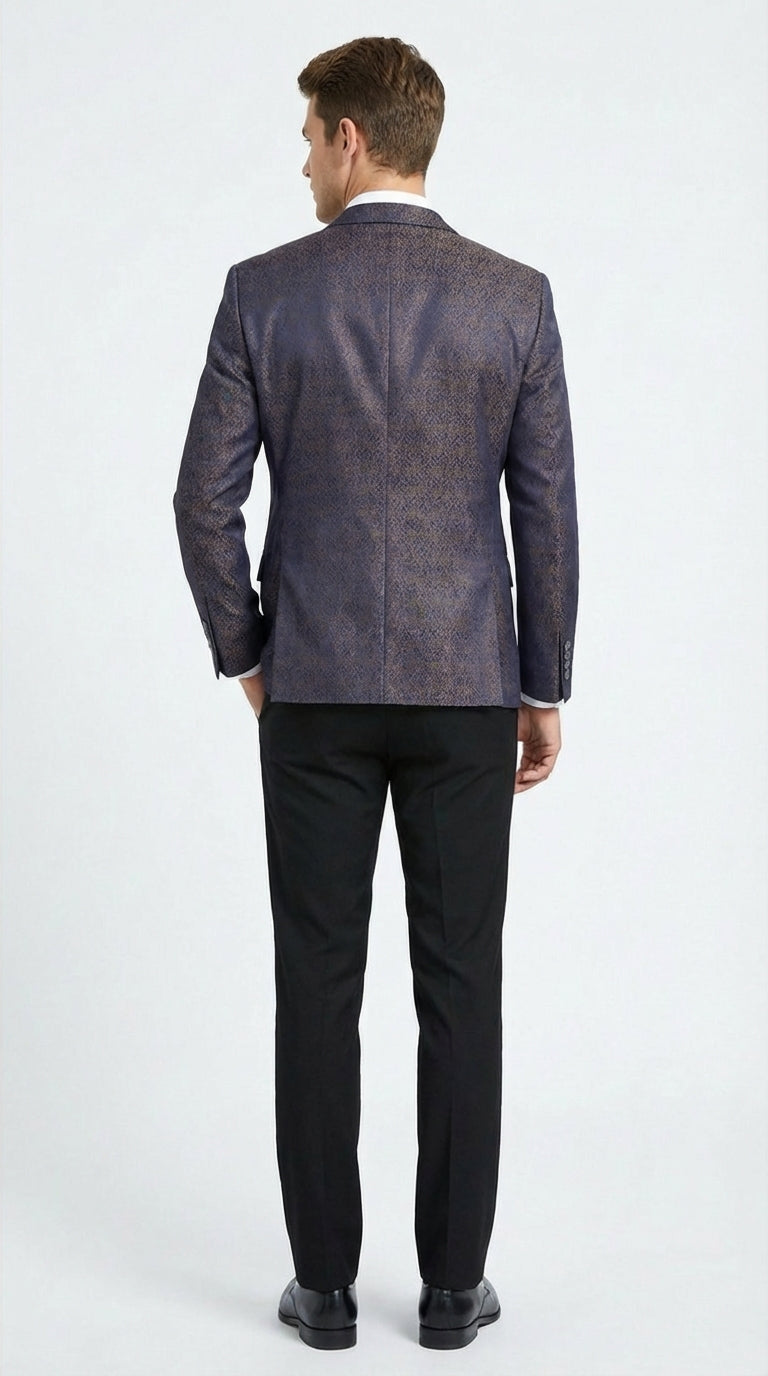 Mens Navy Blue Plum Burgundy and Gold Jacquard Blazer Elegant Two Button Formal Dinner Jacket Sport Coat Paisley Floral