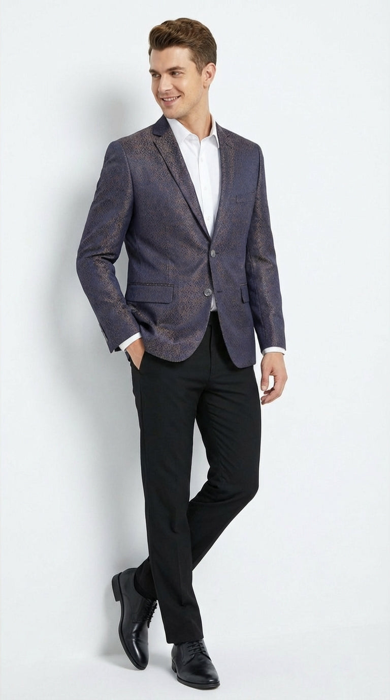Men’s Navy Blue Plum Burgundy and Gold Jacquard Blazer – Elegant Two Button Formal Dinner Jacket Sport Coat Paisley Floral - 38 Short Jacket+32 Waist Adjustable 28to34)(Height: 5 4 to5 7 )(Neck  15-16.5)S-M)