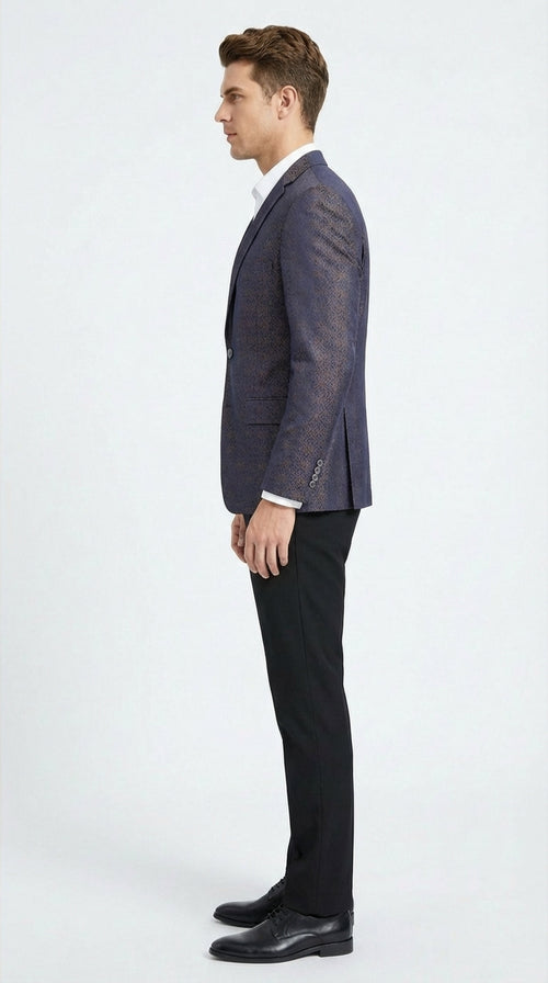 Mens Navy Blue Plum Burgundy and Gold Jacquard Blazer Elegant Two Button Formal Dinner Jacket Sport Coat Paisley Floral