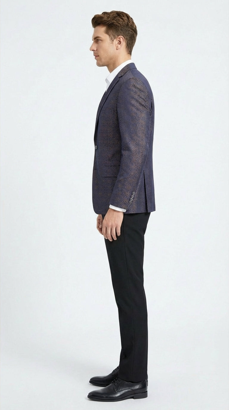 Men’s Navy Blue Plum Burgundy and Gold Jacquard Blazer – Elegant Two Button Formal Dinner Jacket Sport Coat Paisley Floral - 38 Short Jacket+32 Waist Adjustable 28to34)(Height: 5 4 to5 7 )(Neck  15-16.5)S-M)