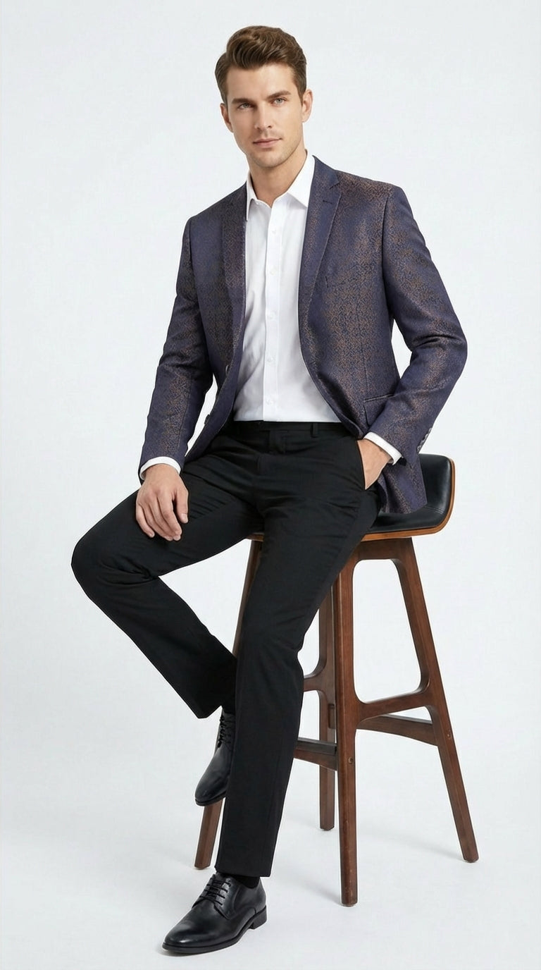 Men’s Navy Blue Plum Burgundy and Gold Jacquard Blazer – Elegant Two Button Formal Dinner Jacket Sport Coat Paisley Floral - 38 Short Jacket+32 Waist Adjustable 28to34)(Height: 5 4 to5 7 )(Neck  15-16.5)S-M)