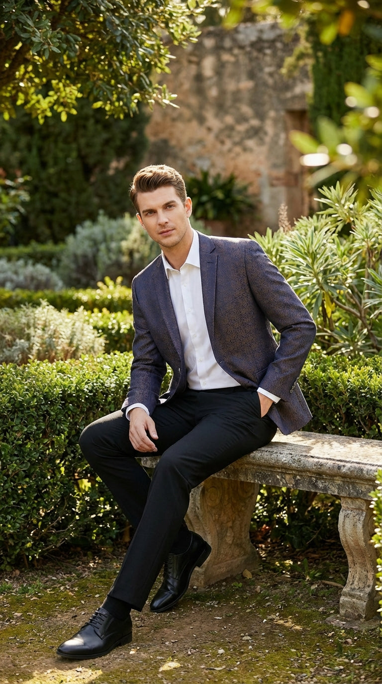 Men’s Navy Blue Plum Burgundy and Gold Jacquard Blazer – Elegant Two Button Formal Dinner Jacket Sport Coat Paisley Floral - 38 Short Jacket+32 Waist Adjustable 28to34)(Height: 5 4 to5 7 )(Neck  15-16.5)S-M)