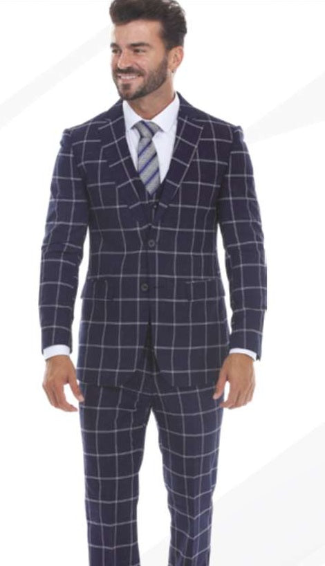 Mens Navy Blue Windowpane Check Three Piece Suit Modern Plaid Formal Vested Suit