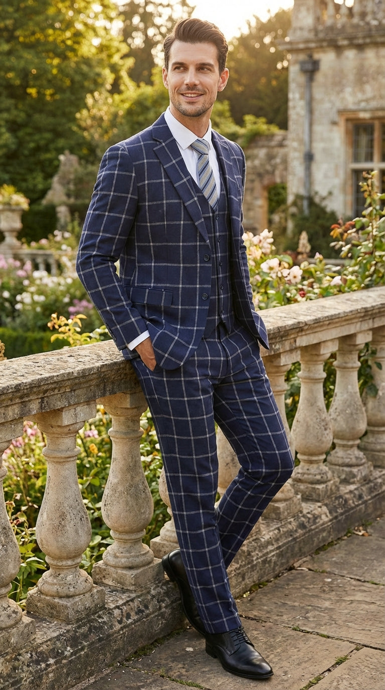 Mens Navy Blue Windowpane Check Three Piece Suit Modern Plaid Formal Vested Suit