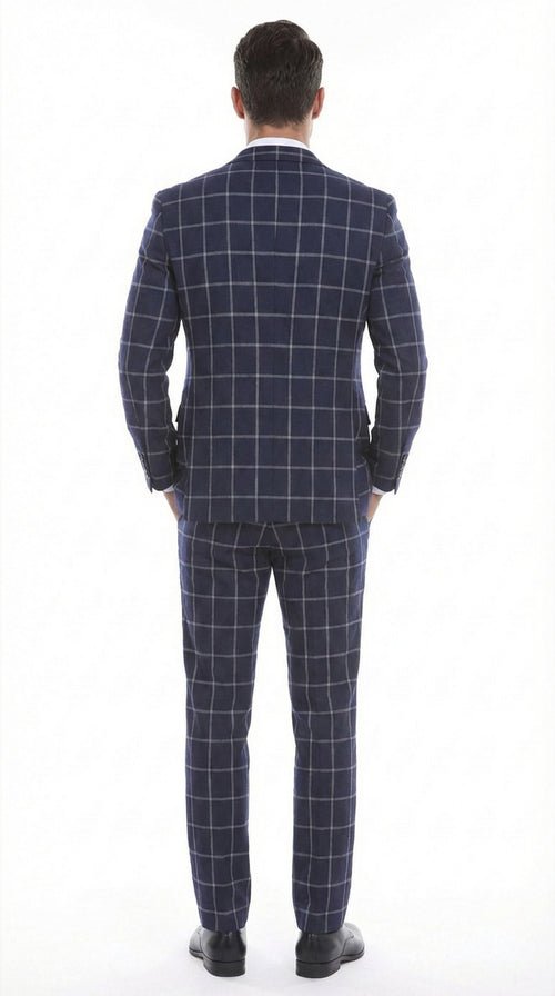 Mens Navy Blue Windowpane Check Three Piece Suit Modern Plaid Formal Vested Suit