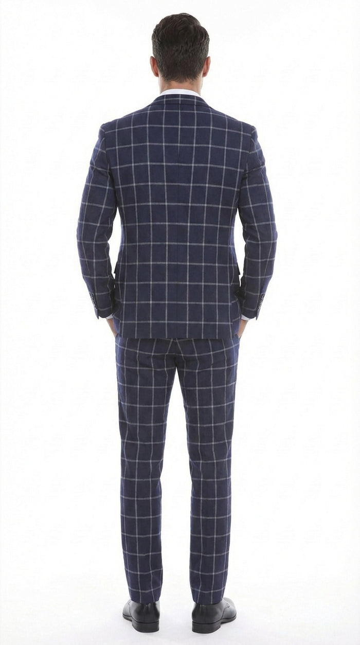 Mens Navy Blue Windowpane Check Three Piece Suit Modern Plaid Formal Vested Suit
