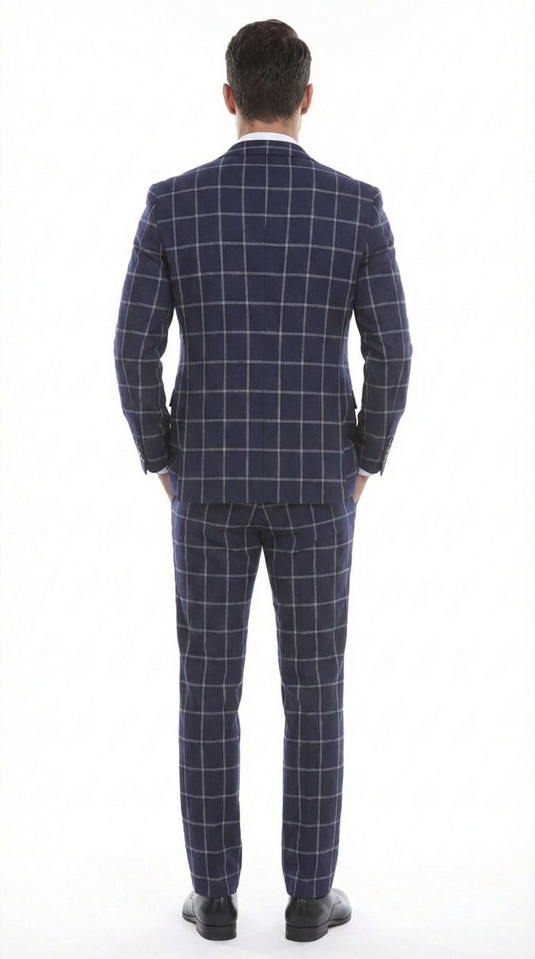 Mens Navy Blue Windowpane Check Three Piece Suit Modern Plaid Formal Vested Suit