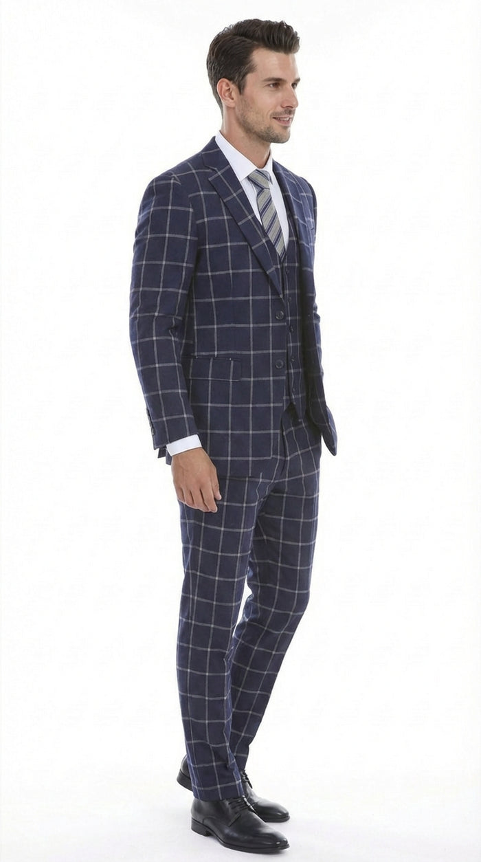 Mens Navy Blue Windowpane Check Three Piece Suit Modern Plaid Formal Vested Suit