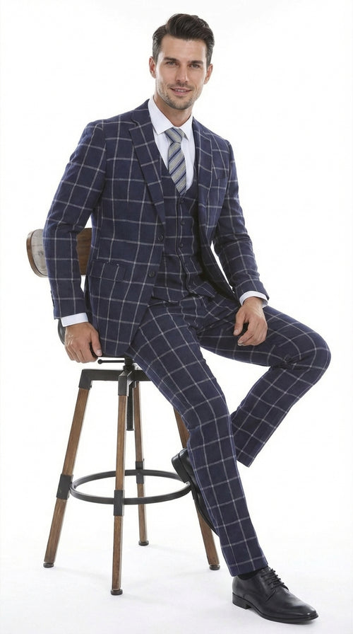 Mens Navy Blue Windowpane Check Three Piece Suit Modern Plaid Formal Vested Suit