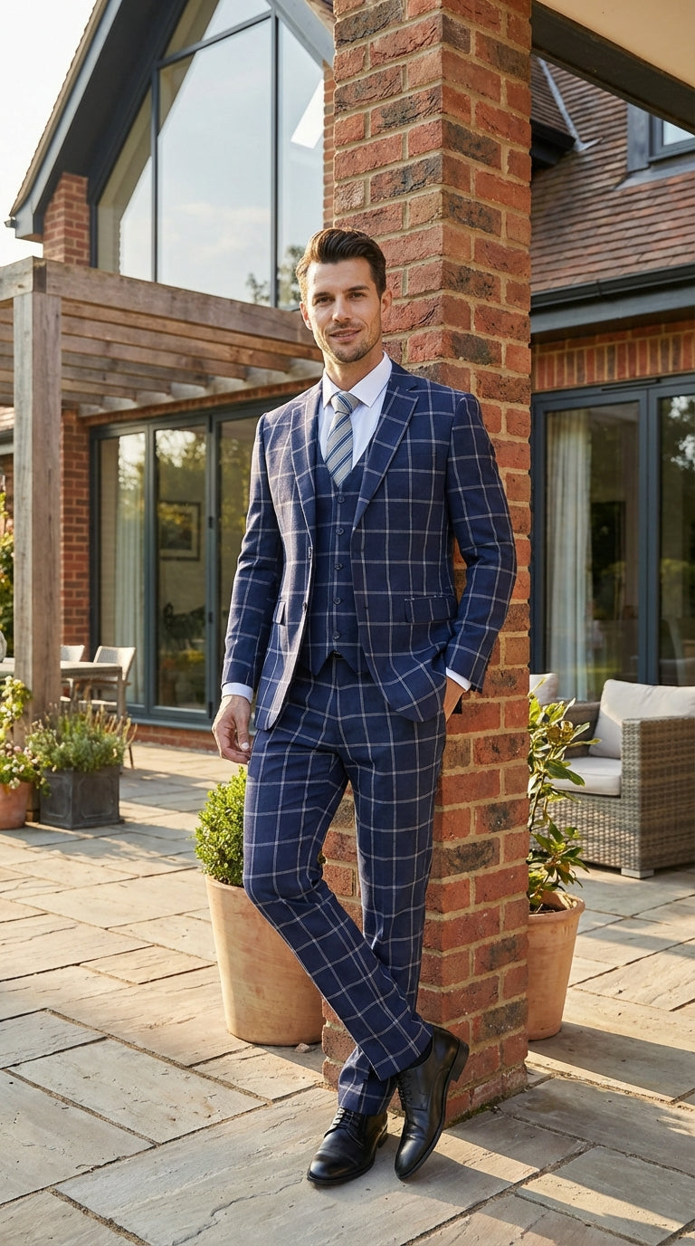 Mens Navy Blue Windowpane Check Three Piece Suit Modern Plaid Formal Vested Suit - 38 Short Jacket+32 Waist Adjustable 28to34)(Height: 5 4 to5 7 )(Neck  15-16.5)S-M)