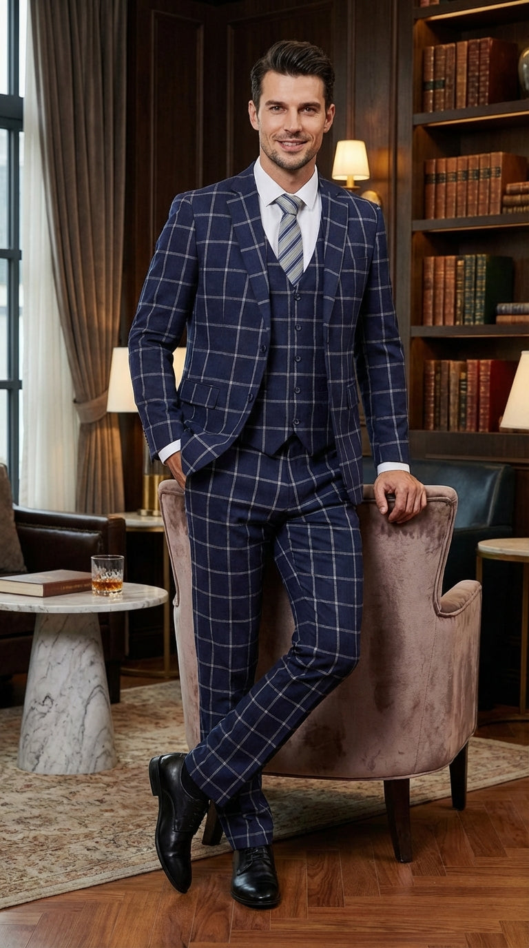 Mens Navy Blue Windowpane Check Three Piece Suit Modern Plaid Formal Vested Suit - 38 Short Jacket+32 Waist Adjustable 28to34)(Height: 5 4 to5 7 )(Neck  15-16.5)S-M)