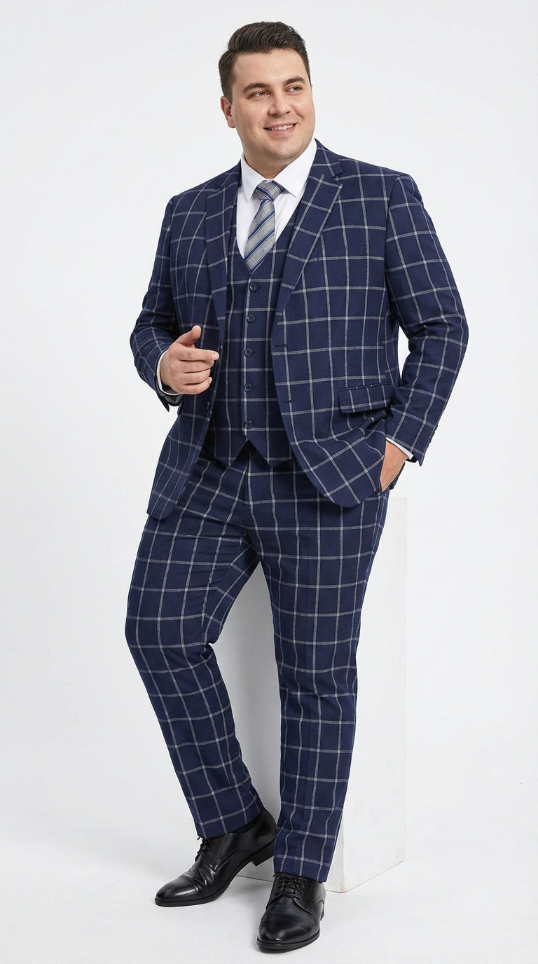 Mens Navy Blue Windowpane Check Three Piece Suit Modern Plaid Formal Vested Suit