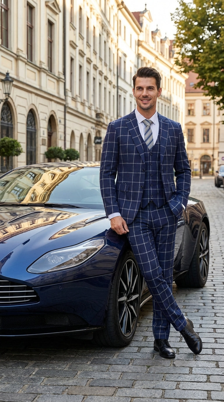Mens Navy Blue Windowpane Check Three Piece Suit Modern Plaid Formal Vested Suit