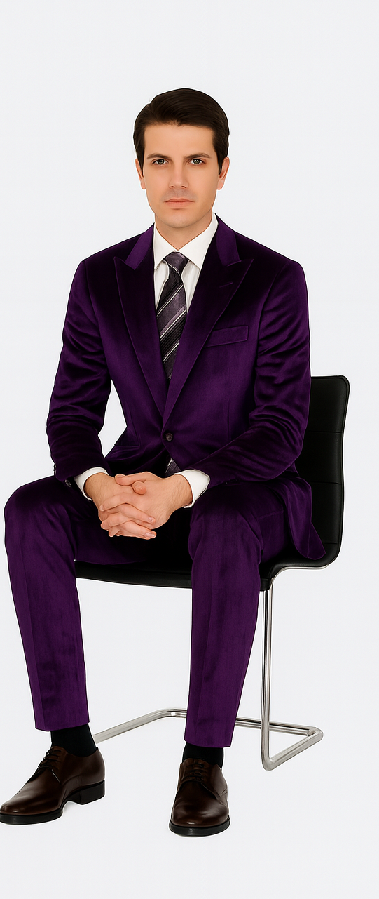 Mens Purple Velvet Suit | Tazzio 2-Piece Slim Fit Tuxedo Style Formalwear