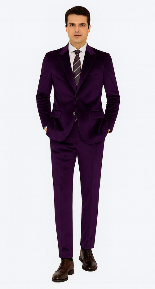 Mens Purple Velvet Suit | Tazzio 2-Piece Slim Fit Tuxedo Style Formalwear