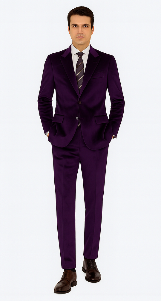 Mens Purple Velvet Suit | Tazzio 2-Piece Slim Fit Tuxedo Style Formalwear