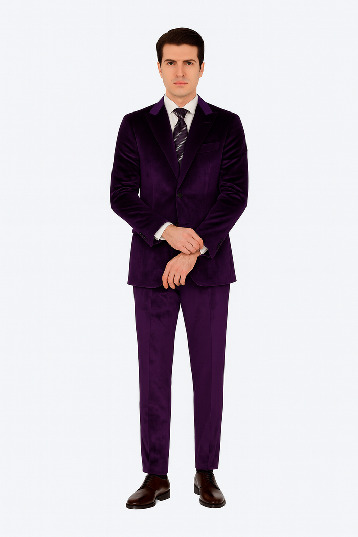 Mens Purple Velvet Suit | Tazzio 2-Piece Slim Fit Tuxedo Style Formalwear