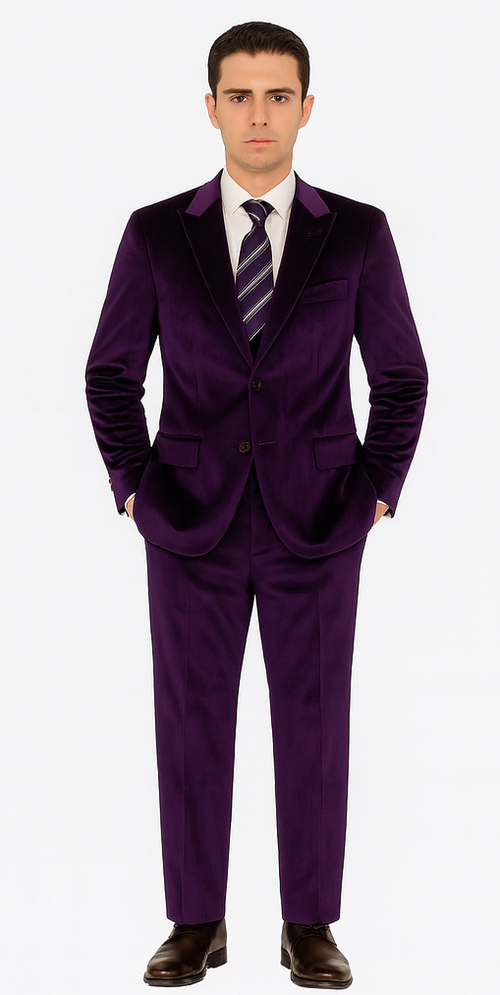 Mens Purple Velvet Suit | Tazzio 2-Piece Slim Fit Tuxedo Style Formalwear