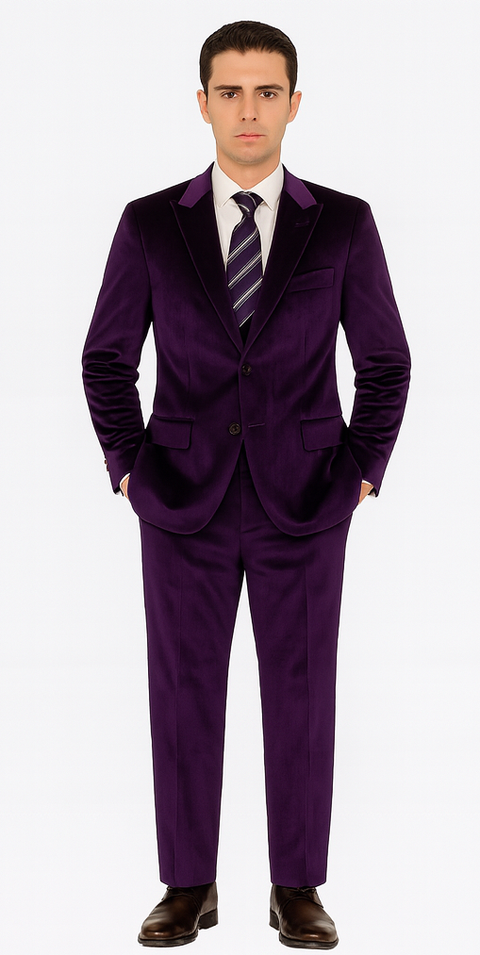 Mens Purple Velvet Suit | Tazzio 2-Piece Slim Fit Tuxedo Style Formalwear