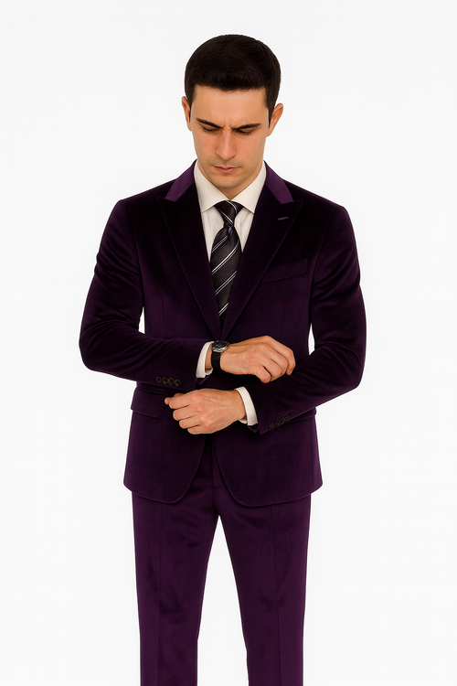 Mens Purple Velvet Suit | Tazzio 2-Piece Slim Fit Tuxedo Style Formalwear