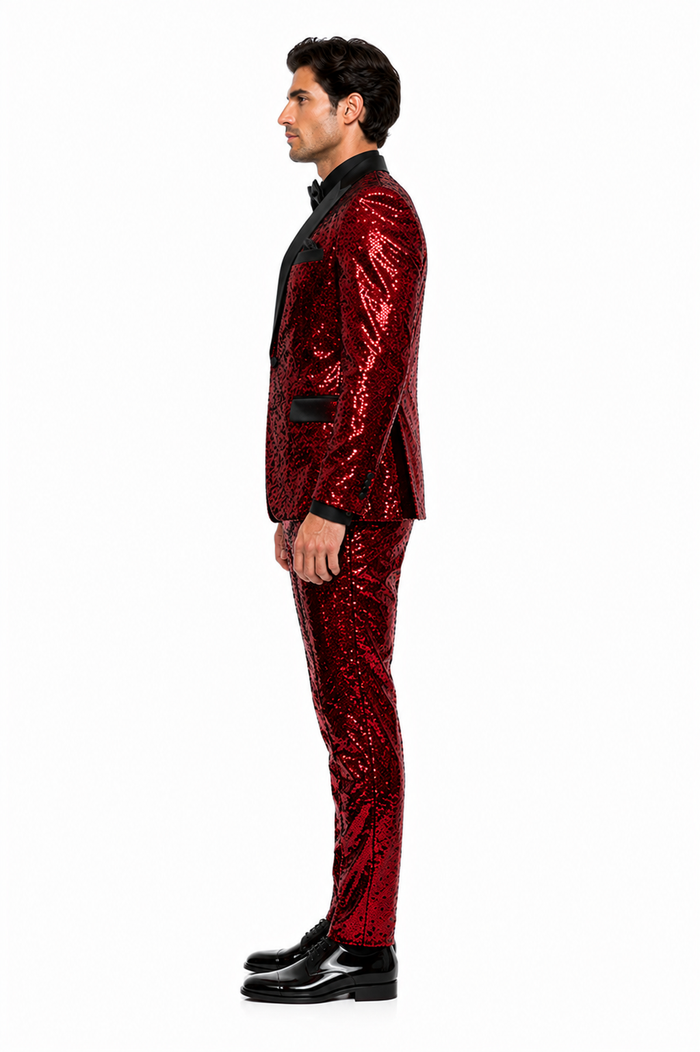 Mens Red Sequin Tuxedo Suit with Black Lapel Luxury Slim Fit Blazer and Pants Set Matching