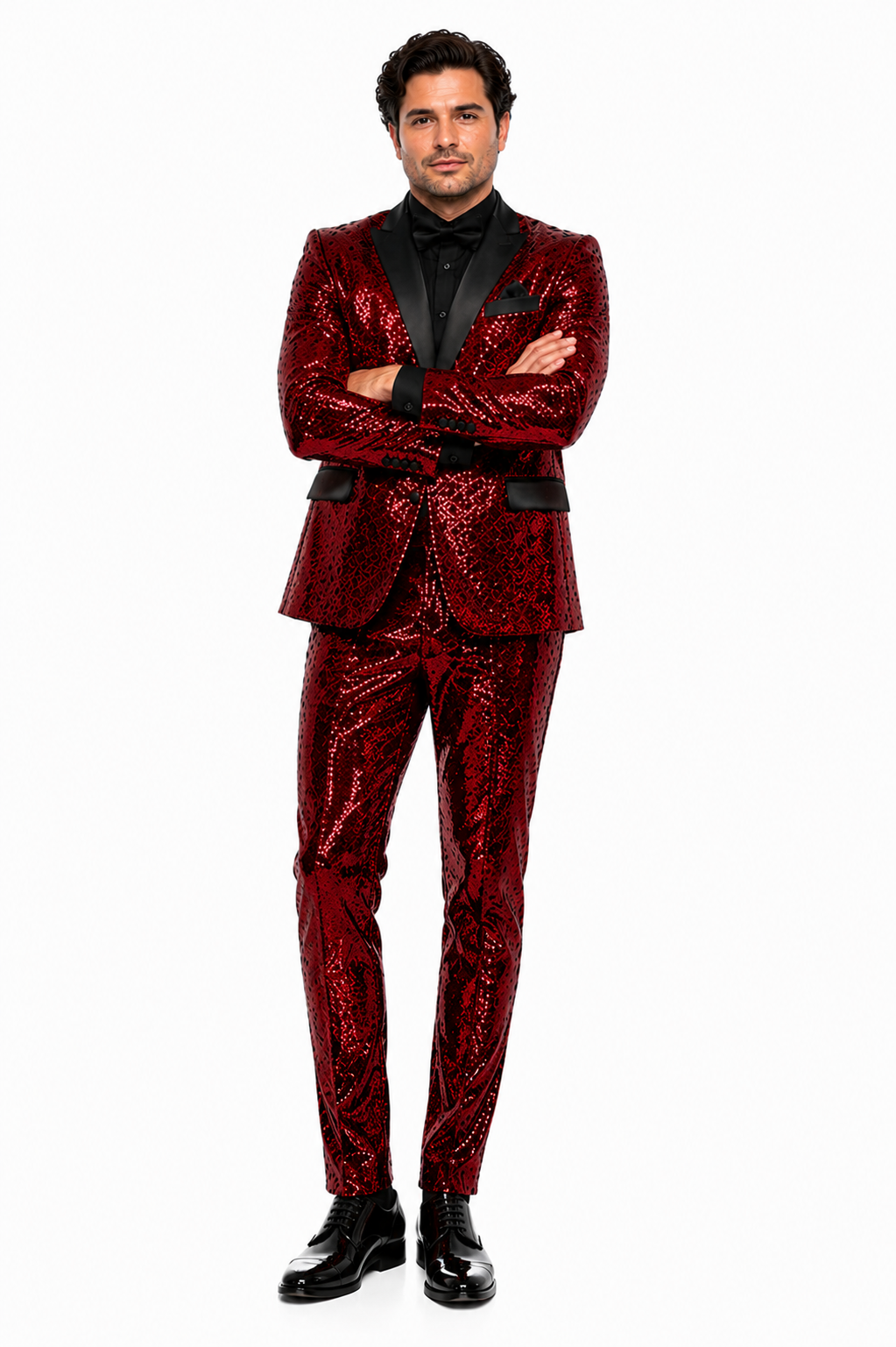 Mens Red Sequin Tuxedo Suit with Black Lapel Luxury Slim Fit Blazer and Pants Set Matching