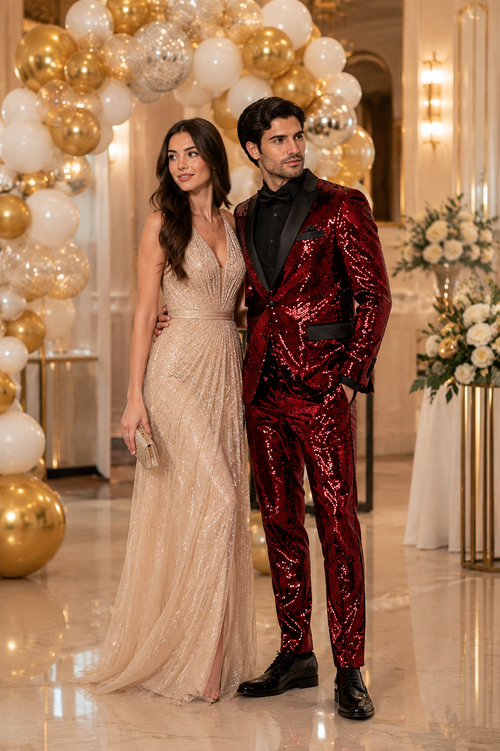 Mens Red Sequin Tuxedo Suit with Black Lapel Luxury Slim Fit Blazer and Pants Set Matching