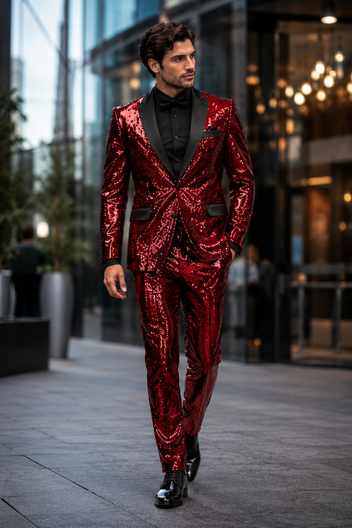 Mens Red Sequin Tuxedo Suit with Black Lapel Luxury Slim Fit Blazer and Pants Set Matching