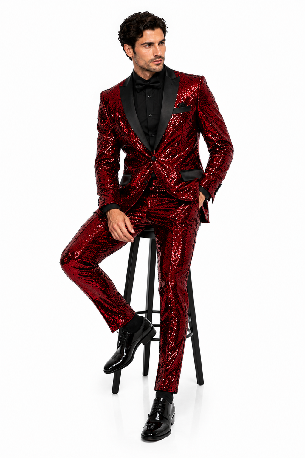 Mens Red Sequin Tuxedo Suit with Black Lapel Luxury Slim Fit Blazer and Pants Set Matching